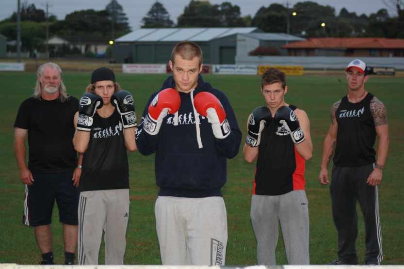 From left to right: corner man Terry Miller, Tim Snell, Tom Carstein, Jyl Wright and head trainer Lyndon Edney.